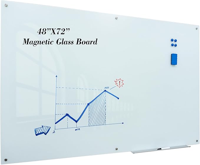 JYYPWB Magnetic Large Glass Board 72"x 48" Dry Erase Writing Board Premium Tempared Galssboard Frameless Message Board with Full Accessories Wall Mounted White Board