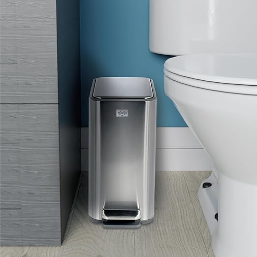 Clorox Slim Trash Can - 2.6 Gallon (10 Liter) Small Metal Trash Can with Soft Close Lid, Step Pedal, Removable Bucket - Stainless Steel Waste Bin for Narrow Spaces, Bathroom, and Office