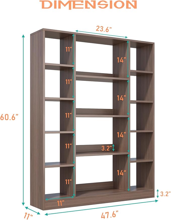 OSCHF Cube Storage Bookcase with Base - Large Wooden Bookshelf with 10 Open Cubes and 4 Shelves for Home and Office, Freestanding Organizer, Walnut