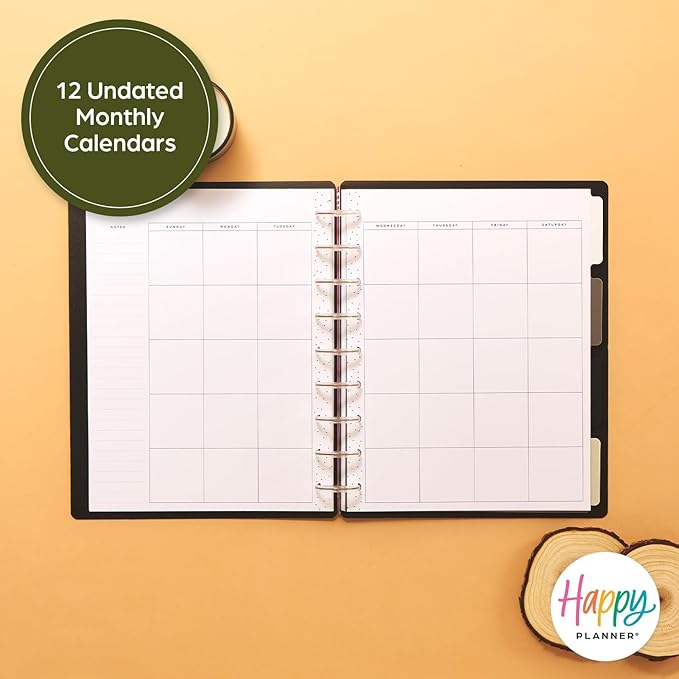 Happy Planner Undated Plans + Notes Monthly Planner Notebook Journal, 12-Month Planner, Modern Texture, Classic Size, 60 Pages, 4 Dividers, 4 Sticker Sheets, 7" x 9.25"