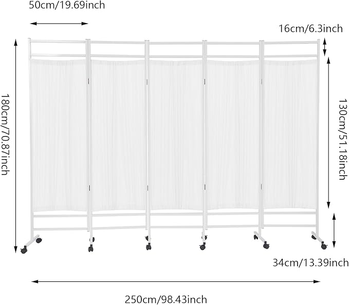 Medical Privacy Screens, Waterproof Nylon Fabric, 98.4 * 70.9 in Foldable Rolling Medical Privacy Screen with Silent Wheels, Suit for Hospitals, Clinics, and Nursing Homes (White, 5 Panels)