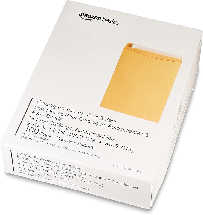 Amazon Basics Catalog Mailing Envelopes, Peel and Seal, 9x12 Inch, Brown Kraft, 100-Pack