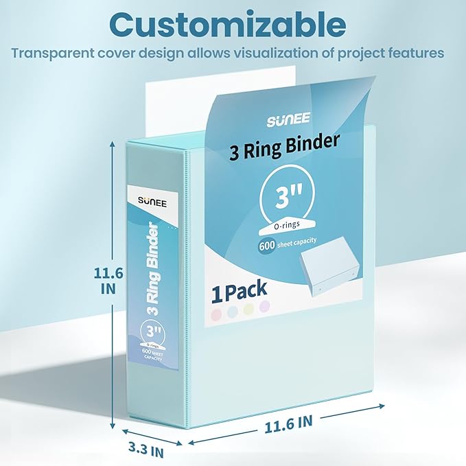 SUNEE 3 Ring Binder 3 Inch 1 Pack, Clear View Binder Three Ring PVC-Free (Fit 8.5x11 Inches) for School or Office Supplies, Pastel Blue