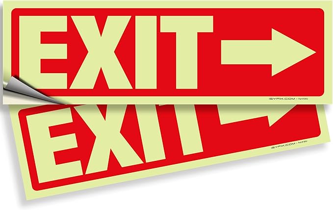 iSYFIX Exit Stickers Signs with Directional Right Arrow 2 Pack 12x4 Inch - Glow in the Dark Photoluminescent Vinyl for Office, School, Business, Warehouse - UV & Weather Resistant for Indoor/Outdoor Use