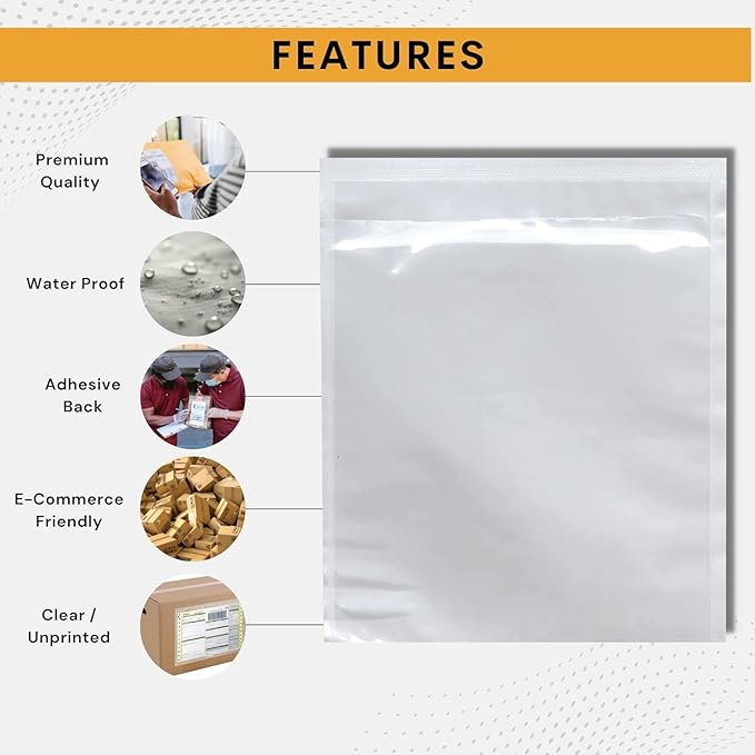100 Pack 7"x10" Shipping Label Sleeves – Clear Self-Adhesive Packing Slip Pouches, Waterproof Packing List Envelopes – Ideal for Shipping Documents, Mailing Labels, Invoices & Packing Slips