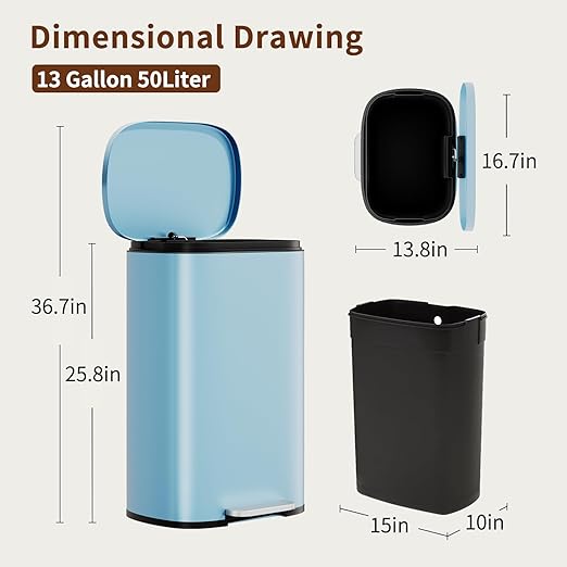 PayLessHere Stainless Steel Trash Can with Lid - Removable Inner Bucket, Foot Pedal Soft Close for Office, Home, Kitchen Garbage Bin (Blue, 13 G)