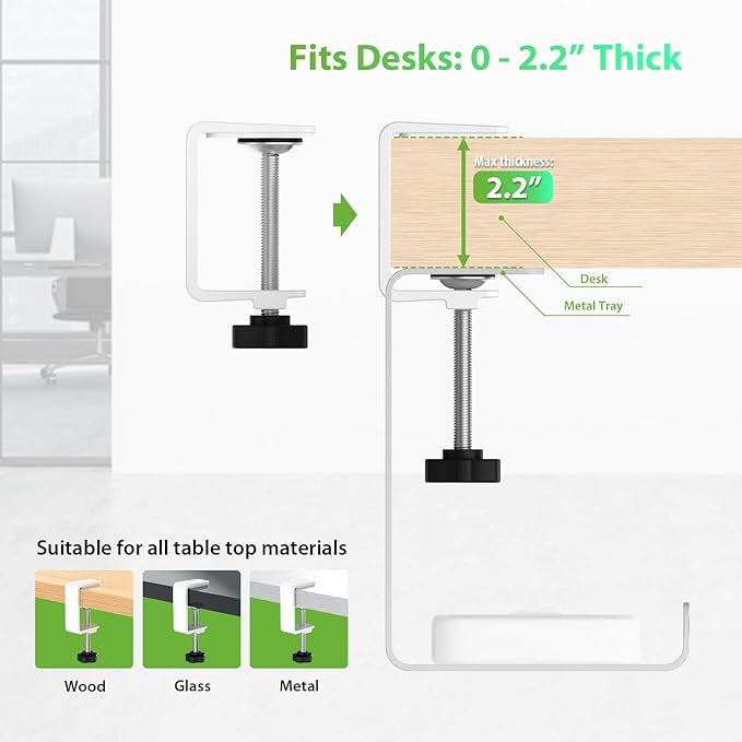 KEEGH 16" Under Desk Cable Management Tray, 2 Pack Desk Cord Organizer Upgrade Capacity, Drill Free Clamp/Screw Mount, Sturdy Metal Tray for Connect Cables, Home, Office, White