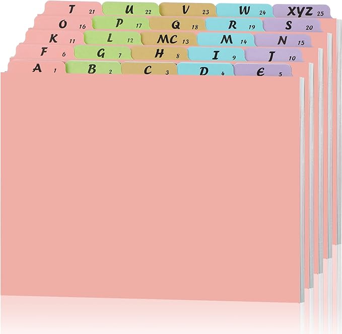 Noveread 1 Set 25 Alphabet File Dividers A-Z Tab Letter Size 1/5 Cut Tab Positions Alphabetical Number File Folder Organizer Guides Cabinet and Desk Dividers for School Office(Simple Color)