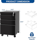 Fesbos 3 Drawer Mobile Metal File Cabinet, Black Filling Cabinets with Lock, Pre-Built Office Storage File Cabinet with Wheels Under Desk - Assembled Required
