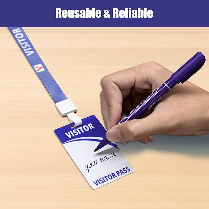 Visitor Badge Lanyards Volunteer Badge Holder with Clips (25 pcs) - Reusable Temporary ID Pass for Office, School, Events PVC Plastic Security Cards for Exhibition Guest by OSTENBIG (Blue)