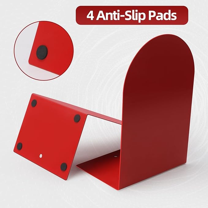 Lulonpon 4 Pieces Book Ends, Bookends, Books Stand, Metal Bookend for Shelves, Red Book Ends for School, Library, Desktop Organizer