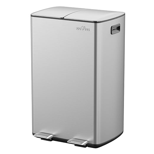 mVm Kitchen Trash Can,2x8 Gallon (2x30 L) Dual Compartment Garbage can Recycle Bin Combo with Foot-Pedal,Anti-Fingerprint,Soft-Close,Brushed Stainless Steel Trash can for Kitchen, Living Room(Silver)