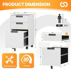 AFAIF 3 Drawer File Cabinet with Lock, Fully Assembled Metal Mobile Filing Cabinets for Home Office, Small Rolling File Caninet on Wheels for Legal/Letter / A4 File, White