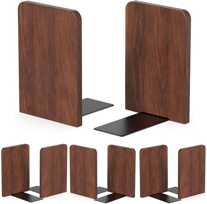Book Ends, 4 Pair Bookends, Heavy Duty Wooden Bookend Support for Books and Movies (4, Square bookends)