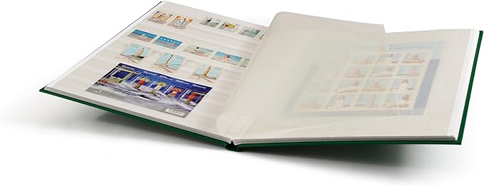 LIGHTHOUSE – “BASIC” Hard Cover Stockbook for Stamps – 16 White Cardstock 9”x12” (A4) Pages with Glassine Strips - Green