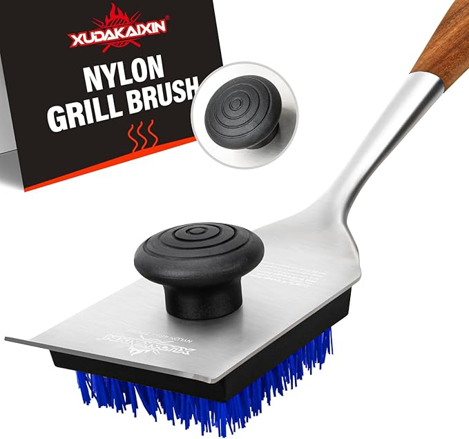 XUDAKAIXIN Grill Brush and Scraper, Dual Grip Design,Extra Strong BBQ Cleaner Accessories,Safe Nylon Bristles Barbecue Triple Scrubbers Cleaning Brush for Cast Iron Grates/Porcelain/Charcoal Grill
