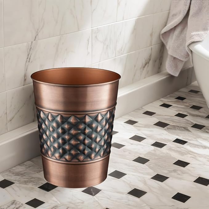 Monarch Abode Metal Bathroom Trash Can – Waste Basket for Bedroom, Office Desk, & Dorm, Handcrafted Geo Embossed, Durable Decorative Antique Copper Small Trash Can Bathroom Garbage Bin Wastebasket