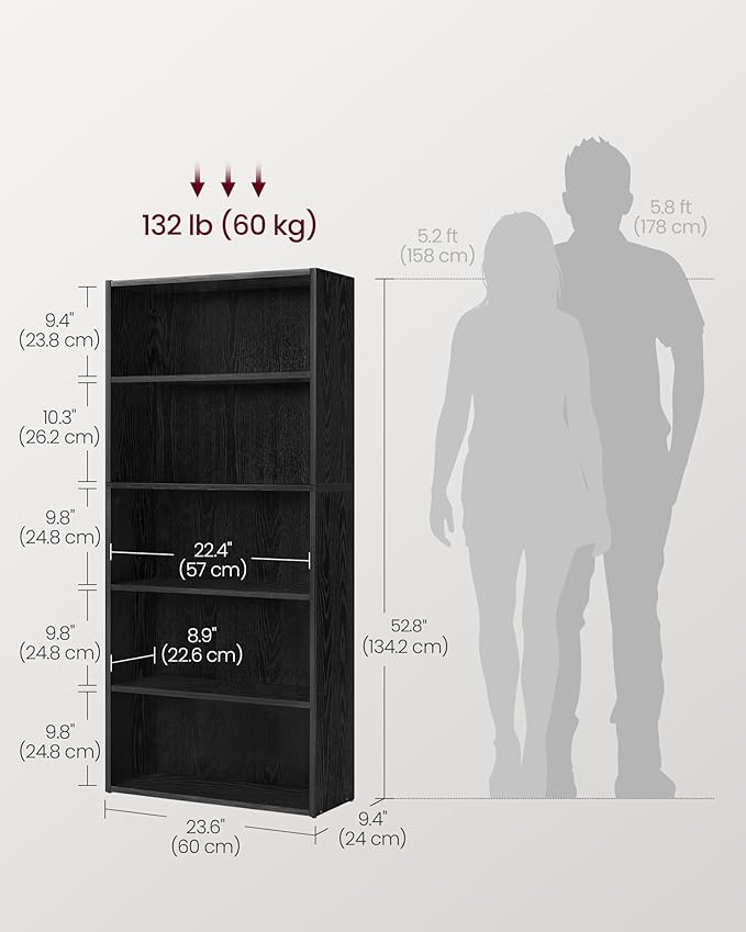 VASAGLE CUSTOS Collection - Bookshelf, 5-Tier Bookcase, Book Shelf, Open Storage Shelf, 9.4 x 23.6 x 52.8 Inches, for Living Room, Home Office, Dinning Room, Ebony Black ULBC165T56