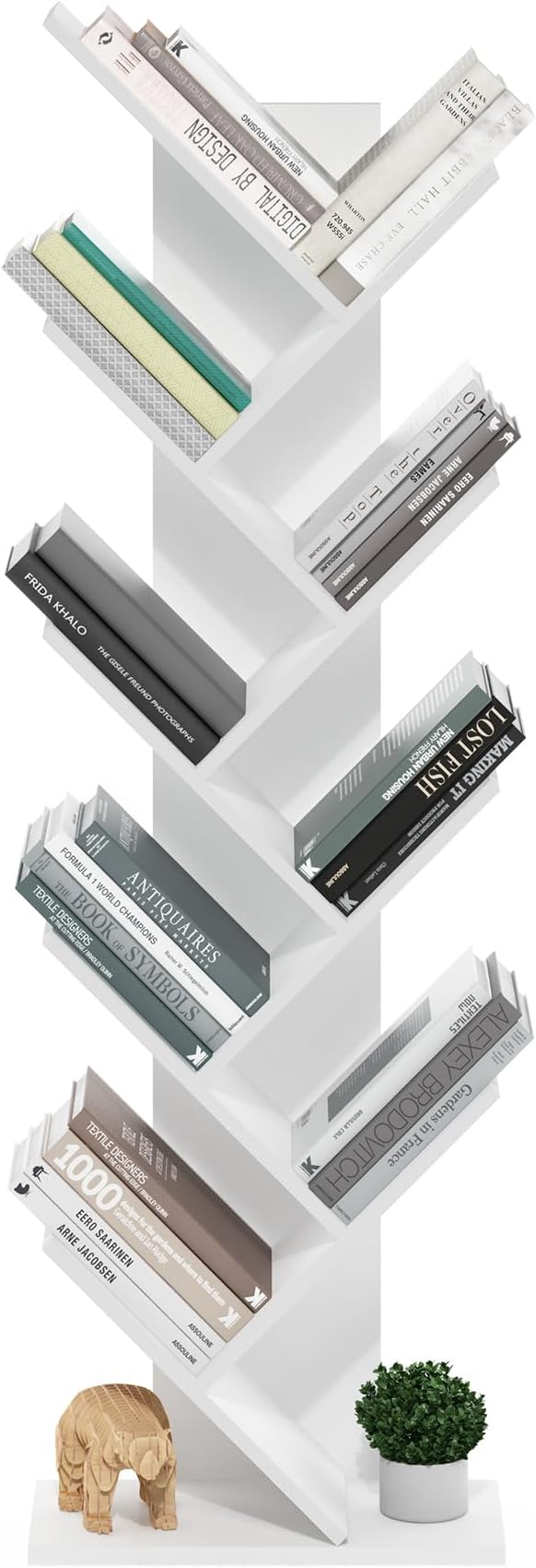 Furinno TREE Book Shelf, 9-Tier Bookshelf, Tree Bookcase with Angled Open Shelf, 8.4" x 15.7" x 50.9", for Room Decor, for Living Room, Bedroom, Home Office, White