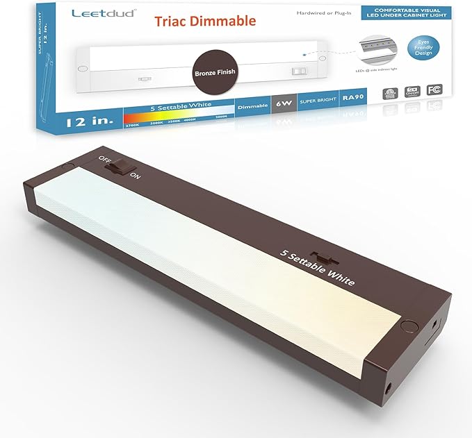 Leetdud LED Under Cabinet Lighting Hardwired or Plug in, 12 Inch 6W, Dimmable 5 Color 2700K/3000K/3500K/4000K/5000K, Linkable Eyes Care Design Counter Lights for Kitchen, Sink, ETL Listed, Bronze