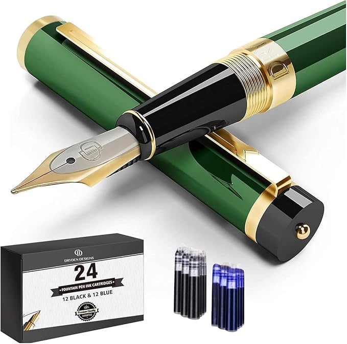Dryden Designs Fountain Pen Medium Nib Gift Pouch - with 24 Ink Cartridges - MCM (Emerald Green)