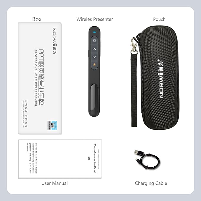 Norwii N76 Rechargeable Presentation clicker, Long Range Presentation Remote, Wireless Presenter, Pointer for PowerPoint Presentations, Slide Control - Green Light+Case