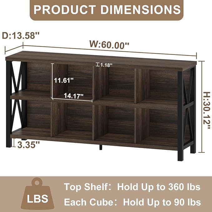 FATORRI 8 Cube Storage Organizer Bookshelf, 62 Inch Rustic Wood Horizontal Bookcase, Farmhouse Cube Long Book Shelf, TV Console Stand for Living Room (Dark Walnut)
