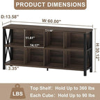 FATORRI 8 Cube Storage Organizer Bookshelf, 62 Inch Rustic Wood Horizontal Bookcase, Farmhouse Cube Long Book Shelf, TV Console Stand for Living Room (Dark Walnut)