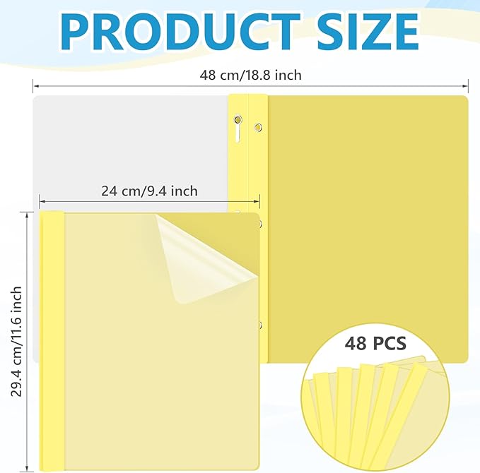 Feifeiya 48 Pack Plastic Report Covers with 3 Prongs Presentation Folders Bulk, 100 Sheet Capacity, Clear Front Report Covers for Presentation Document Paper School Office Supplies (Yellow)