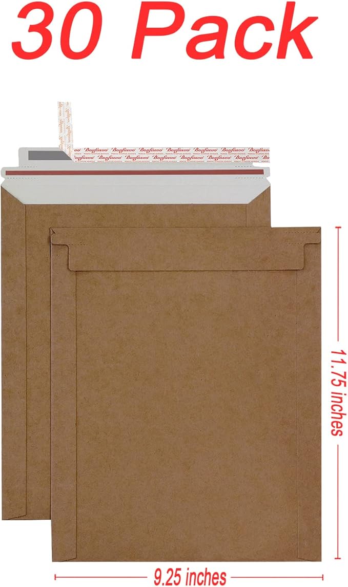 Bonfasvo Rigid Mailers 30 Pack 9.25 x 11.75 inches Brown Self Seal Stay Flat Bulk Cardboard Kraft No Bend Mailers Peel and Seal for Document Photos Pictures Papers Files CD