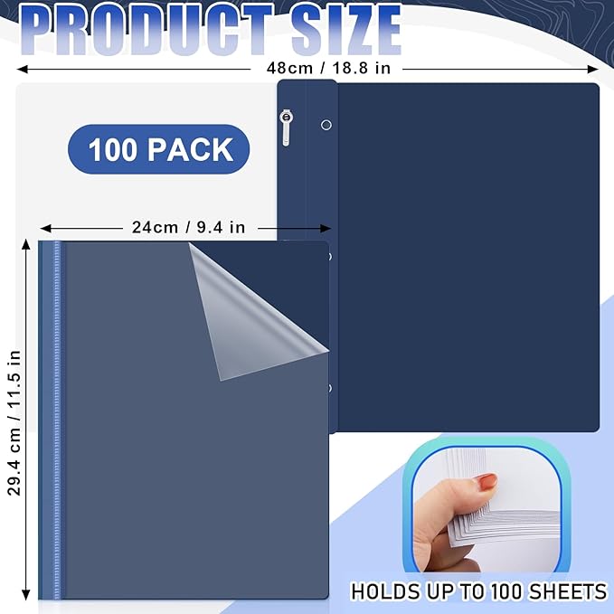 Teling 100 Pcs Plastic Report Covers with 3 Prong Fasteners 11.42 x 9.45 Inch Clear Front Report Covers Bulk Presentation Folders for School Document(Navy Blue)