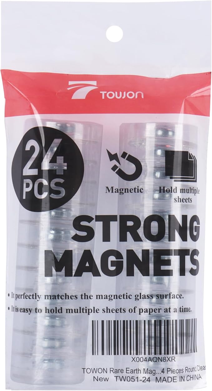 TOWON Rare Earth Magnets Large, Strong Magnets for Glass Whiteboard and Dry Erase Board, 24 Pieces Round Clear