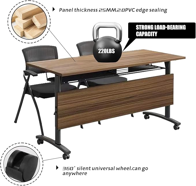 Folding Conference Table,Foldable Office Conference Room Tables,Rolling Meeting Seminar Tables with Casters,Flip Top Mobile Training Tables,Business Training Seminar Table for Office Meeting (62.9in)