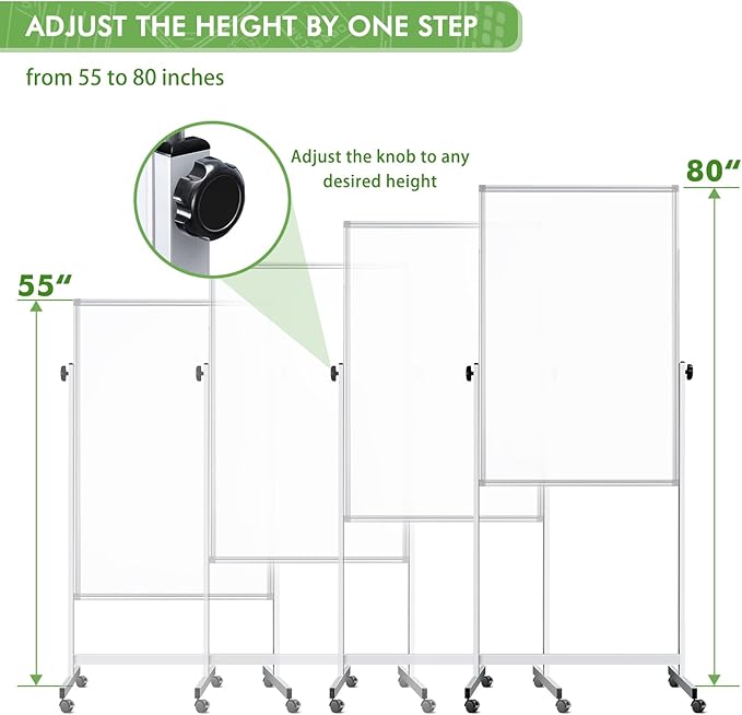 Rolling Whiteboard on Wheels, 32x48 Inches Double-Sided Magnetic Dry Erase Board with Stand, Height Adjustable Mobile White Board Easel for Classroom Home Office