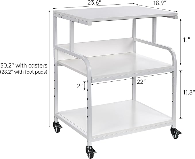 Fannova White Printer Stand, 23.6 x18.9 x 30 Inches Big Size Printer Table with Adjustable Shelf, 3 Tier Rolling Printer Cart with Wheels for Home Office Storage and Organization