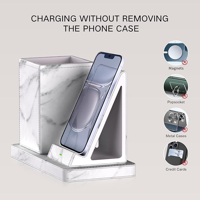 LADSTAG Multi-Functional Pencil Holder for Desk,marble Vegan Leather Organizers with Remote Control Holder,Pencil Holder Desk Organizer with Phone Wireless Charger for Office/Nightstand/Endtable