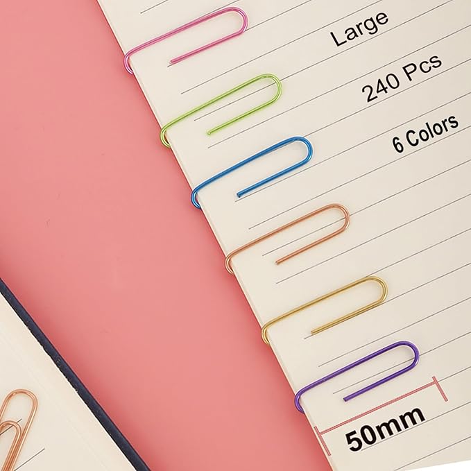 Ufmarine Large Paper Clips 2 inch, 240 Pcs Colored Paper Clips for Office