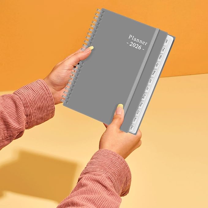 2026 Planner - Planner 2026 from January 2026 - December 2026, Weekly & Monthly Planner Spiral Bound with 12 Monthly Tabs, Inner Pocket, 6.4" x 8.5", Grey-E