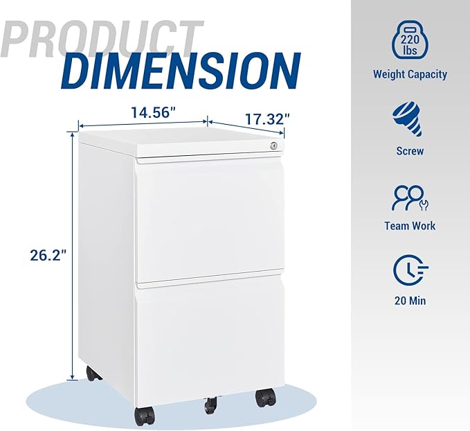 Fesbos 2 Drawer Vertical File Cabinet - Mobile Filling Cabinet with Lock for Legal/Letter Files - Office Storage File Cabinet with Wheels Under Desk - Assembly Required