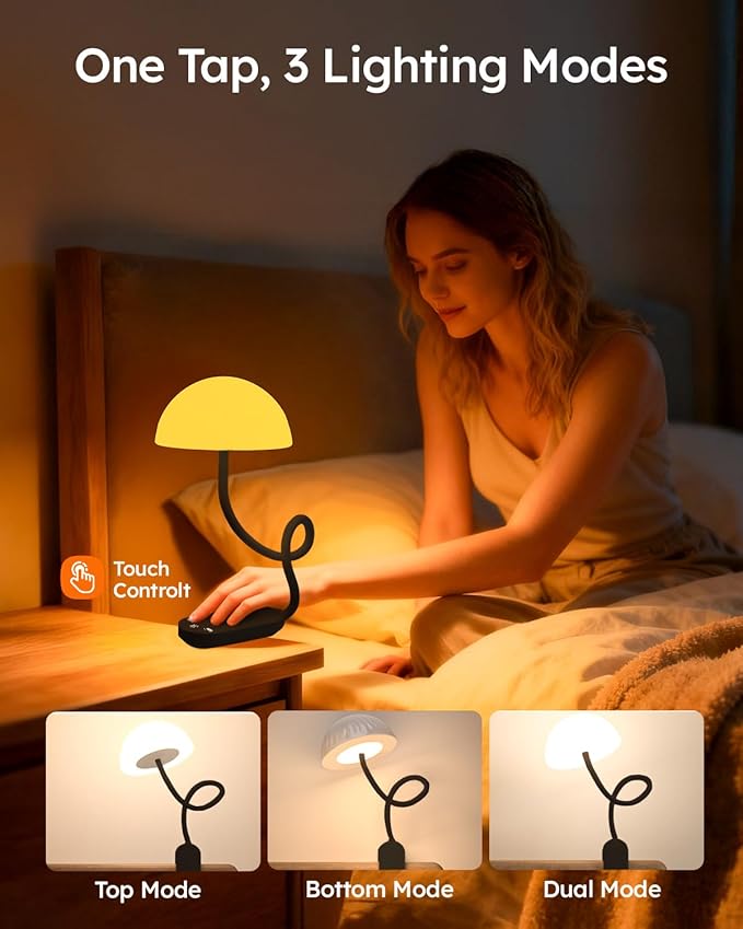 Cordless Clip On Lamp, Touch Control Desk Lamp with RGB Ambient Mode & 3000K–6000K, Rechargeable Dimmable Book Reading Light with Flexible Arm Sturdy Clamp On Table Bedside Headboard, Battery Operated