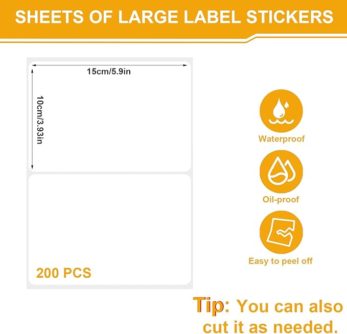 200 Pcs Labels for Storage Bins, 6 x 4 inch Large Label Stickers with 1 Double-Ended Marker Pen Removable Labels Adhesive Moving Labels Blank Labels Tear Resistant No Residue for School Business Home