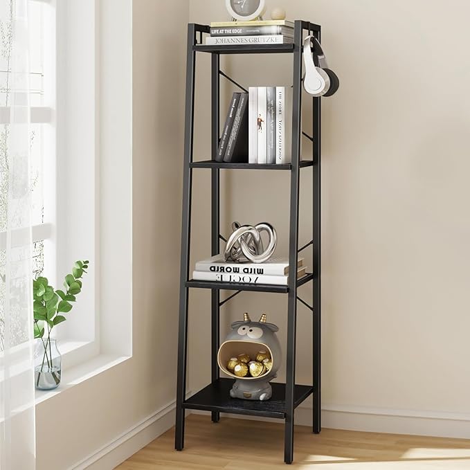 Hzuaneri Ladder Shelf, Bookshelf Bookcase, Freestanding Corner Storage Shelve with 2 Hooks for Home Office, Living Room, Kitchen, Bedroom, Industrial, 11.8" D x 13.4" W x 47.2" H, Black BC13204B