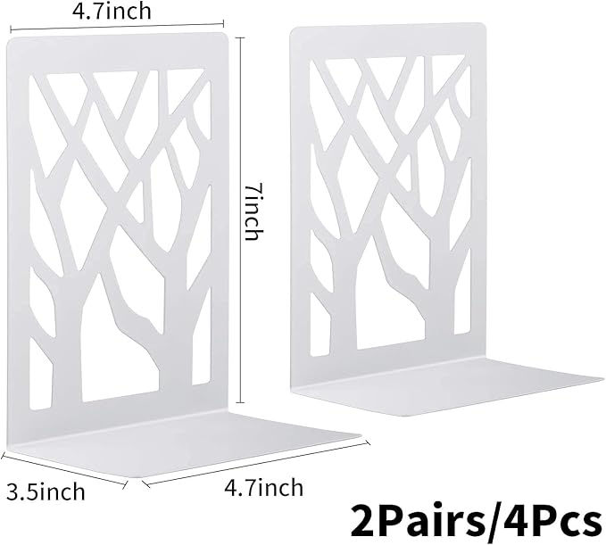 MSDADA Book Ends, Bookends, Book Ends for Shelves, Bookends for Shelves, Book Ends for Heavy Books, Book Shelf Holder Stand for Home Decorative，Metal Bookends Stoppers, White(2 Pairs)