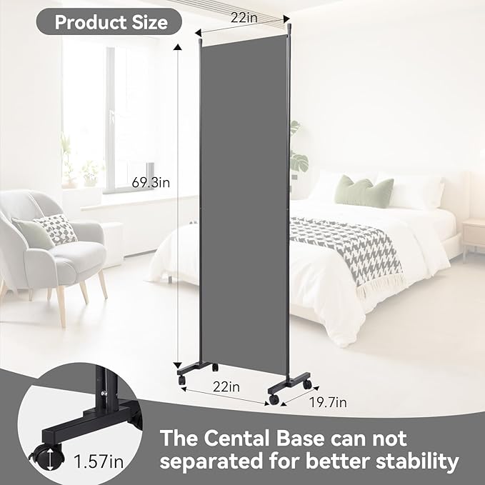 Room Divider(1 Panel-22in) Wall Divider for Room Separation, Portable Privacy Screens W/Wheels, Metal Frame Freestanding Room Separators 5.6FT Room Partitions and Dividers