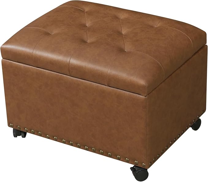 Decent Home 24" Leather Storage Ottoman with Steerable Rolling Wheels, Rectangle Foot Rest Ottoman with Storage for Living Room Bedroom, Vintage Golden Brown