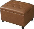 Decent Home 24" Leather Storage Ottoman with Steerable Rolling Wheels, Rectangle Foot Rest Ottoman with Storage for Living Room Bedroom, Vintage Golden Brown