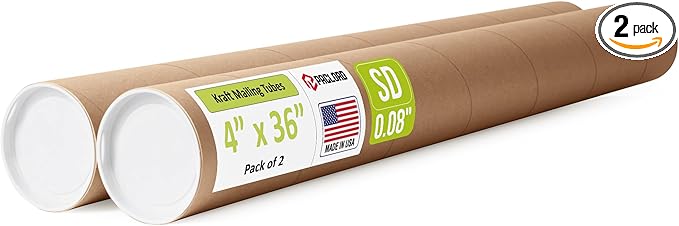 4" x 36" Reinforced Kraft Paper Mailing Tubes, Pack of 2 Tubes with 2 Caps Each – USPS Approved Poster Tube – Made in USA Cardboard Tube for Shipping and Storing Posters, Prints, Artwork, or Documents