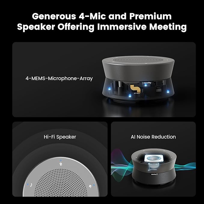 NEARITY Conference Room Camera System, 10X Hybrid Zoom Camera, Noise Reduction, All-in-One for Video and Audio Conferencing, 2K PTZ Webcam | USB Conference Speakerphone Microphone for up to 323ft²