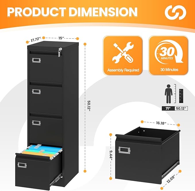 AFAIF 4 Drawer File Cabinet with Lock, Metal File Cabinets for Home Office,18" Deep Vertical Black Filing Cabinets Office Storage Cabinet for Letter/Legal / A4 / F4 Size, and File Folders