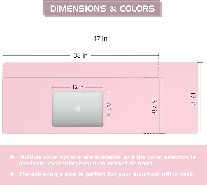 Aothia Leather Desk Pad Protector, Office Desk Mat, Large Mouse Pad, Laptop Desk Pad, Non-Slip PU Leather Desk Blotter, Waterproof Desk Writing Pad for Office and Home (Pink, 47" x 17")
